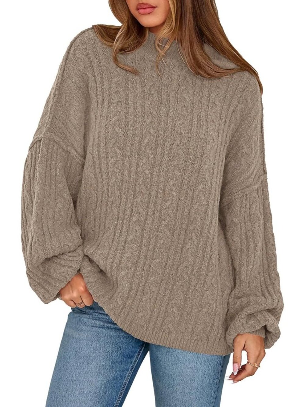 Women's Brown Long Sleeve Crewneck Cable Knit Oversized Pullover Fall Sweaters